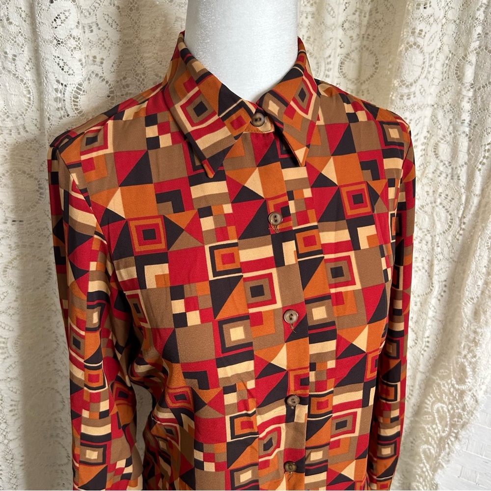 Vintage Jones Wear Orange Brown Geometric Print Long Sleeve Button-Up Blouse